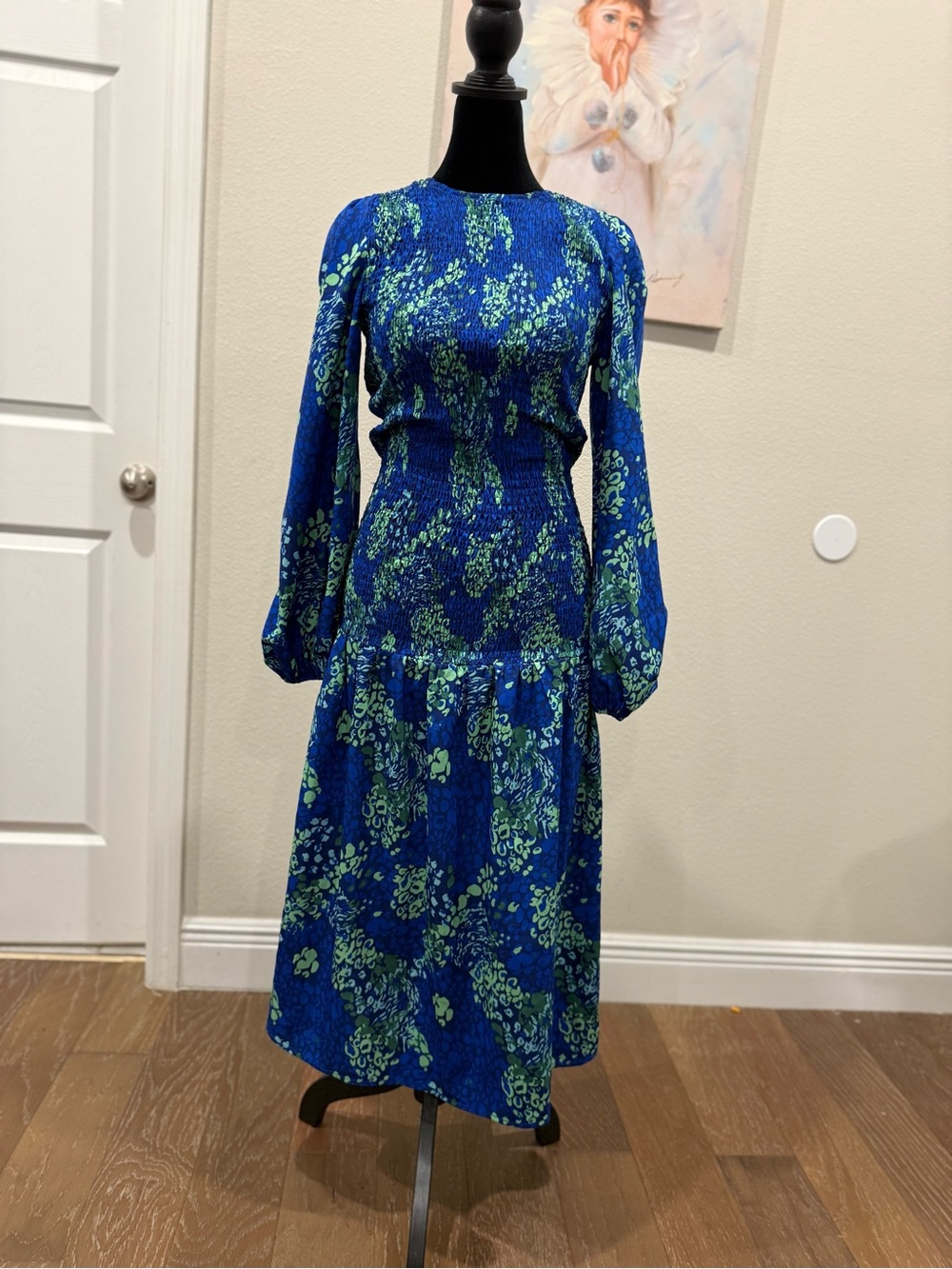 Never Fully Dressed Royal Blue and Lime Green Smocked Floral Midi Dress
